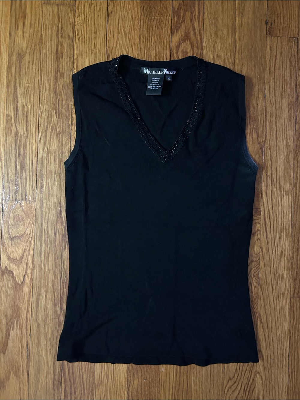 Michelle Nicole Black Beaded V Neck Sleeveless Knit Top Size M
